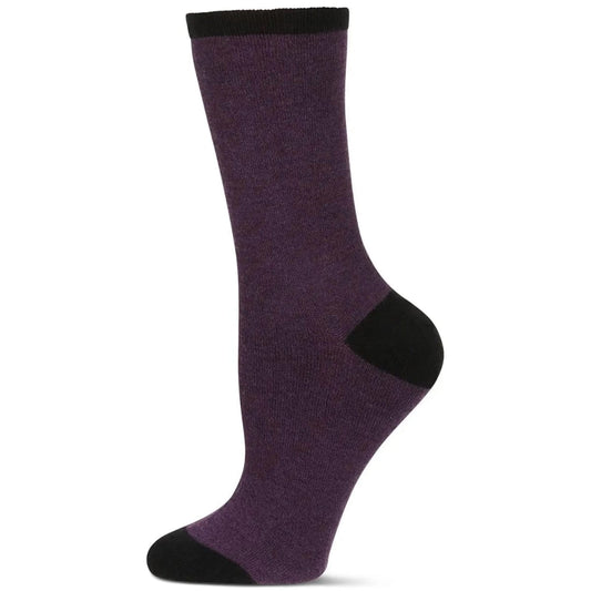 Purple sock with black toes and cuffs on a white background