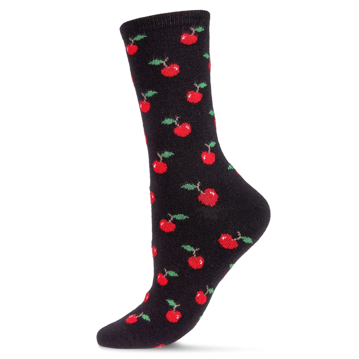 Black sock with red cherry pattern on a white background