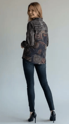 Shana Apparel Tops Shana Apparel Printed Back Mixed Media Shirt Shana Apparel Printed Back Mixed Media Shirt