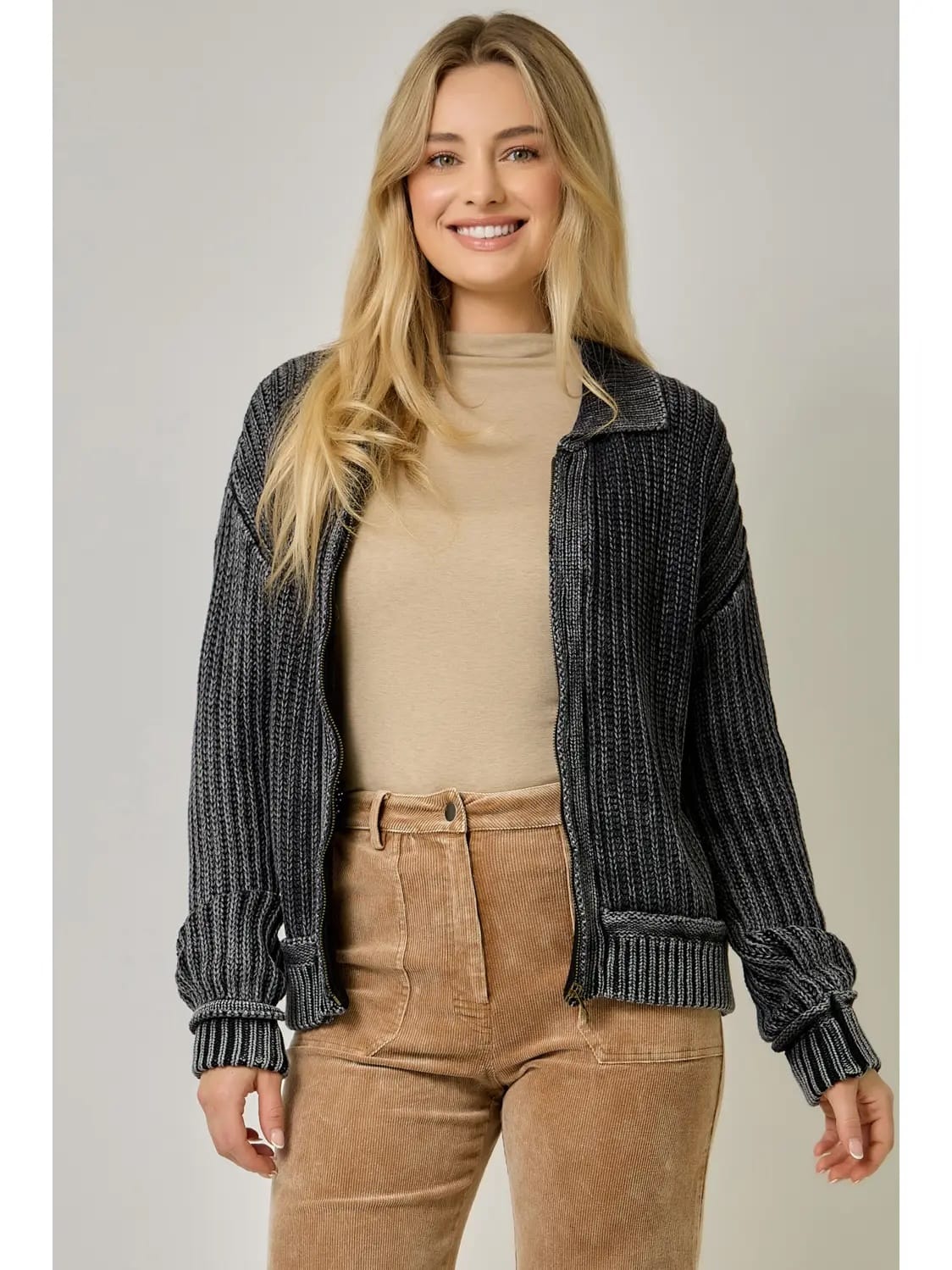 Mystree Sweaters Mystree Washed Ribbed Zip-Up Sweater - Multiple Colors 06634718 Mystree Washed Ribbed Zip-Up Sweater - Multiple Colors