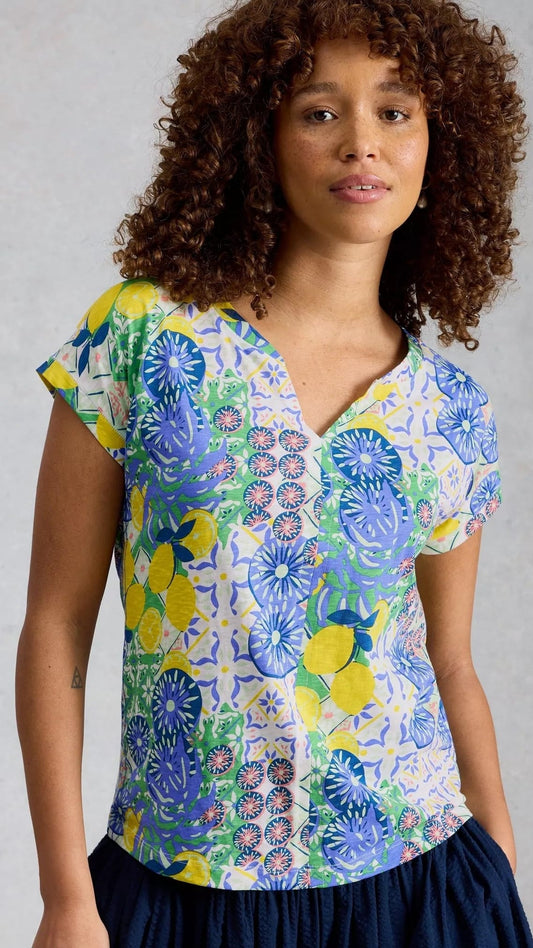 Relaxed, straight style top with a notch v-neck, semi-fitted dolman cap sleeves and center seam detail in front and back. Looks great as is or tucked in! (see photo)