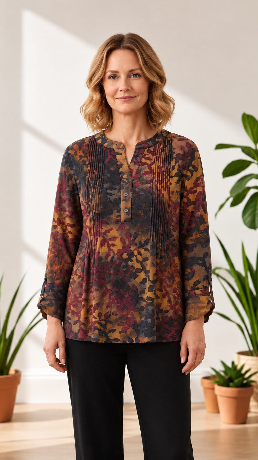 Creation by Lady Liberty Tops Pintuck Roll-Up Tab Tunic Top Pintuck Roll-Up Tab Tunic Top