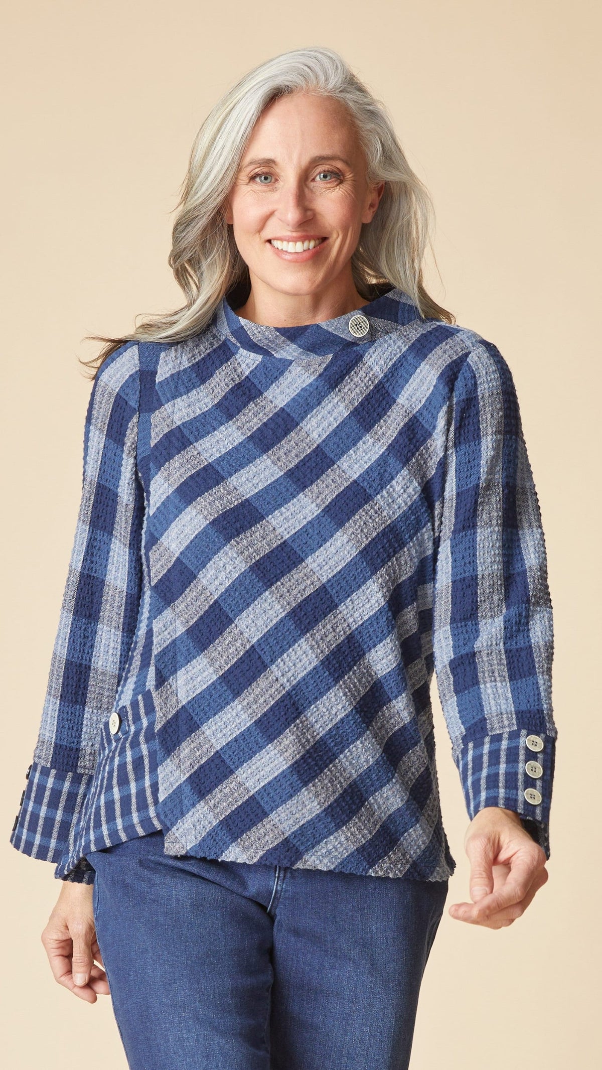 Habitat Tops Habitat Plaidemonium Asymmetrical Button Cuff Top Habitat Plaidemonium Asymmetrical Button Cuff Top