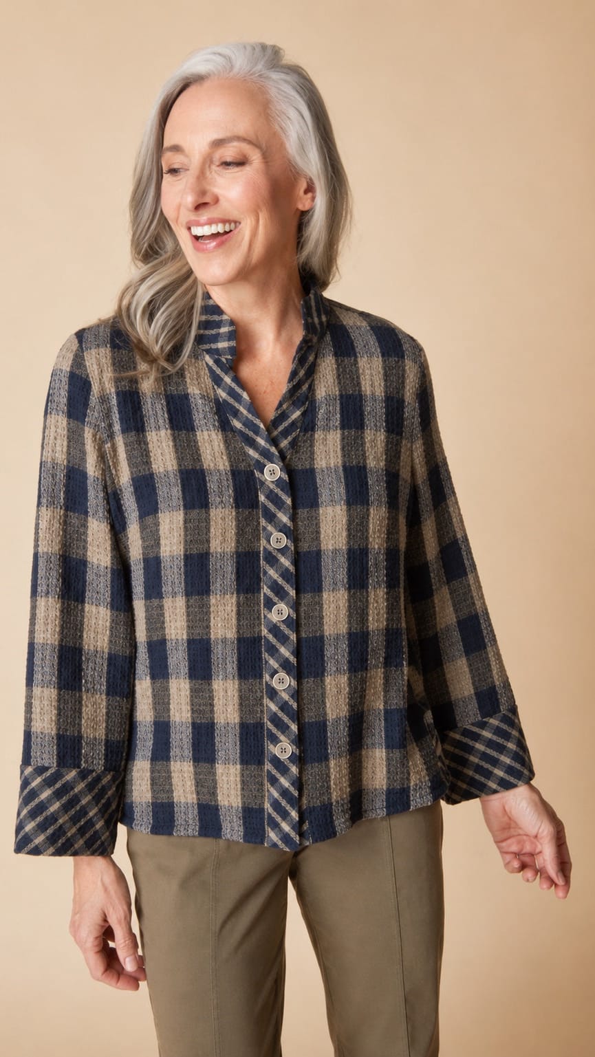 A smiling woman with gray hair wearing a navy and beige plaid button-up shirt and olive pants, standing against a solid beige background.