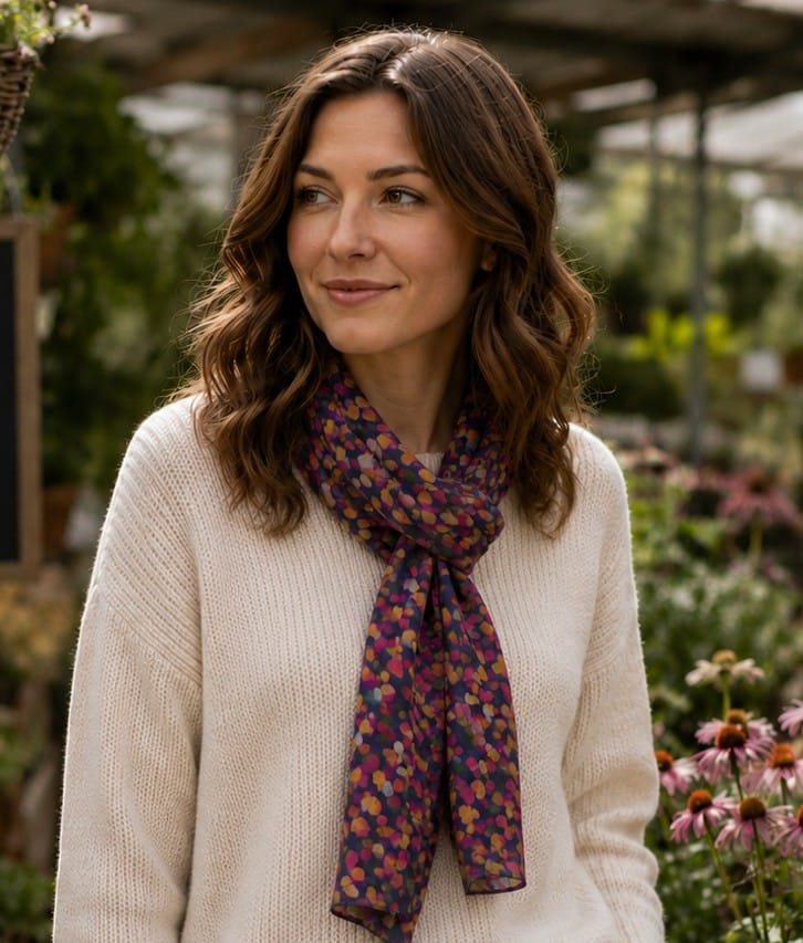 A woman with wavy brown hair wearing a cream knit sweater and a dark purple silk scarf with a small multicolor floral pattern, standing in a garden setting.