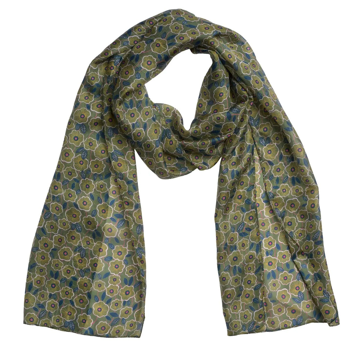 A lightweight silk scarf with an all-over floral pattern in muted blue, olive green, and beige, draped against a plain white background.