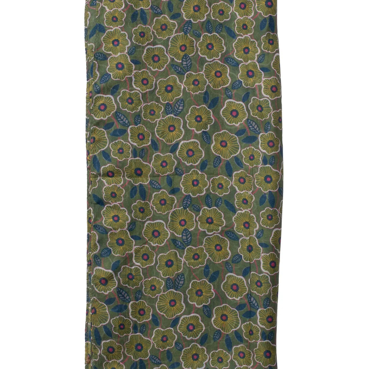 A close-up of a patterned fabric featuring a dense, repeating floral motif in olive green, mustard yellow, teal blue, and purple on a dark olive background.
