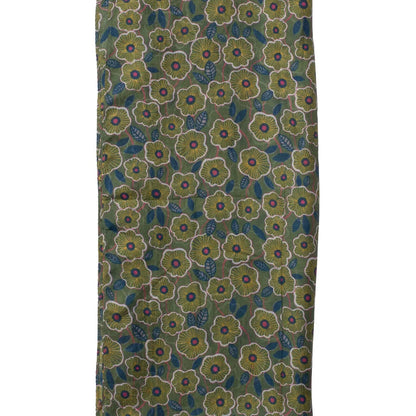 A close-up of a patterned fabric featuring a dense, repeating floral motif in olive green, mustard yellow, teal blue, and purple on a dark olive background.
