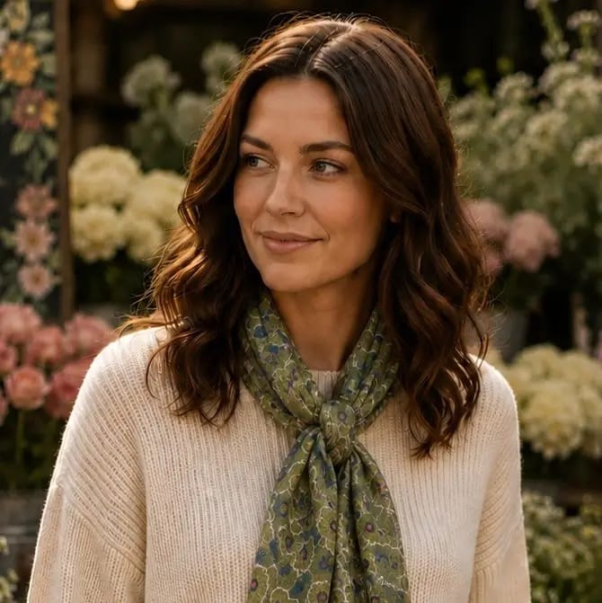 A woman with wavy brown hair wearing a cream ribbed knit sweater and a green patterned scarf, standing in a garden setting with flowers in the background.