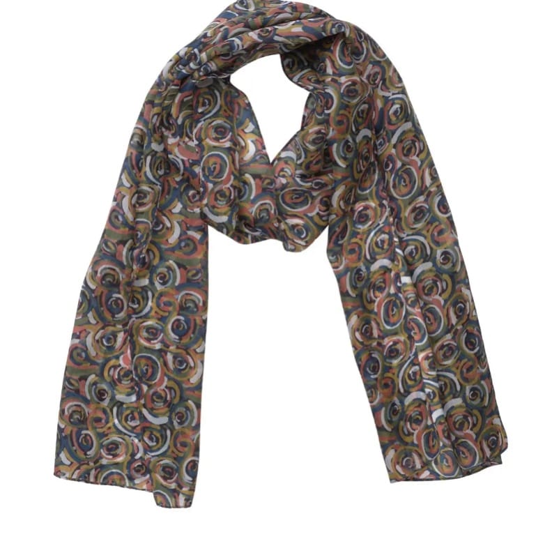 A lightweight silk scarf with an intricate, multicolored swirl pattern featuring shades of brown, orange, blue, green, and white, draped against a solid white background.