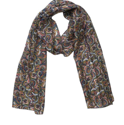 A lightweight silk scarf with an intricate, multicolored swirl pattern featuring shades of brown, orange, blue, green, and white, draped against a solid white background.