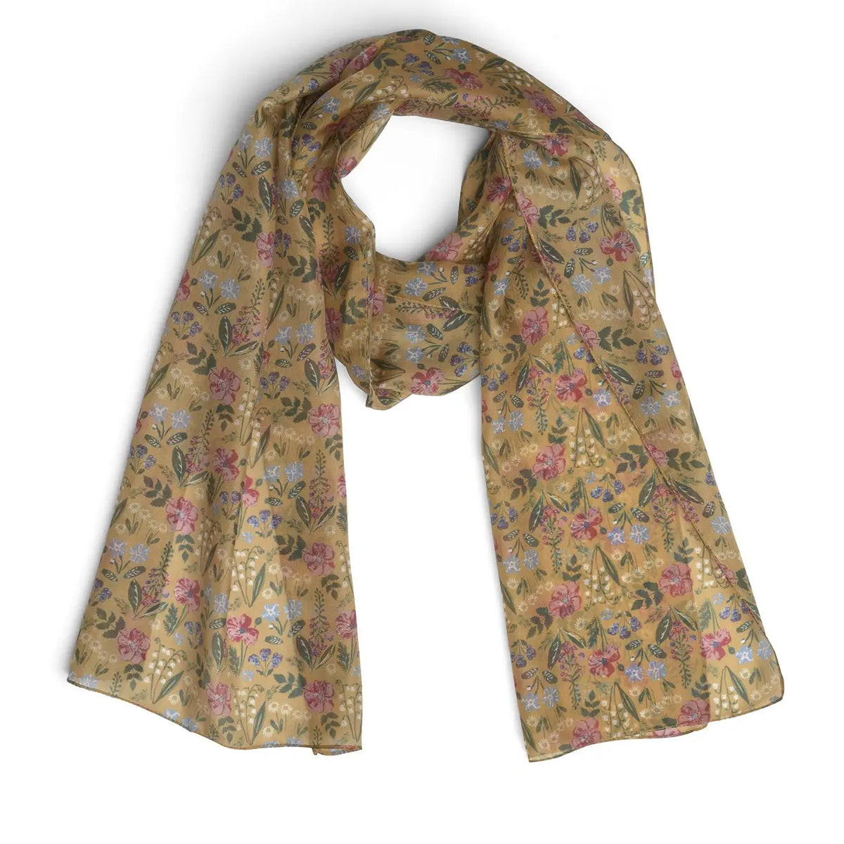 Floral patterned silk scarf on a white background