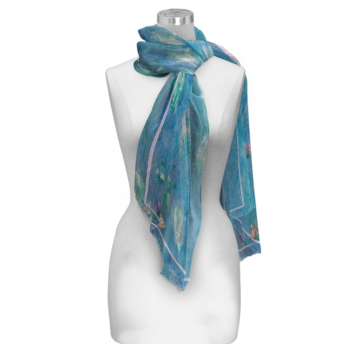 Mannequin wearing a blue patterned scarf on a white background