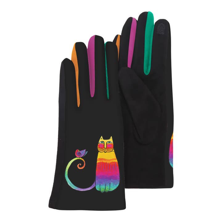 Black gloves with a colorful cat design on a white background