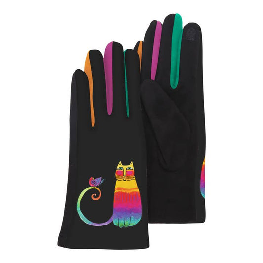 Black gloves with a colorful cat design on a white background