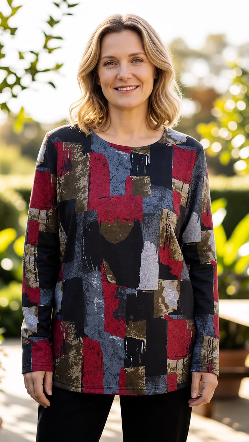 A woman wearing a long-sleeve patchwork top with abstract geometric shapes in red, blue, black, gray, and brown, standing outdoors in front of a softly blurred garden background.