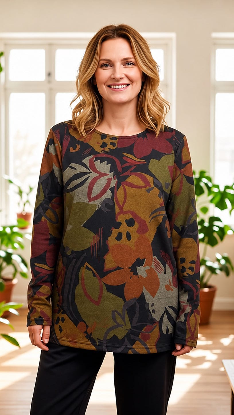 A woman wearing a long-sleeve tunic top with an abstract multicolor floral pattern in orange, yellow, green, and brown tones, paired with black pants, standing in a brightly lit room with potted plants.