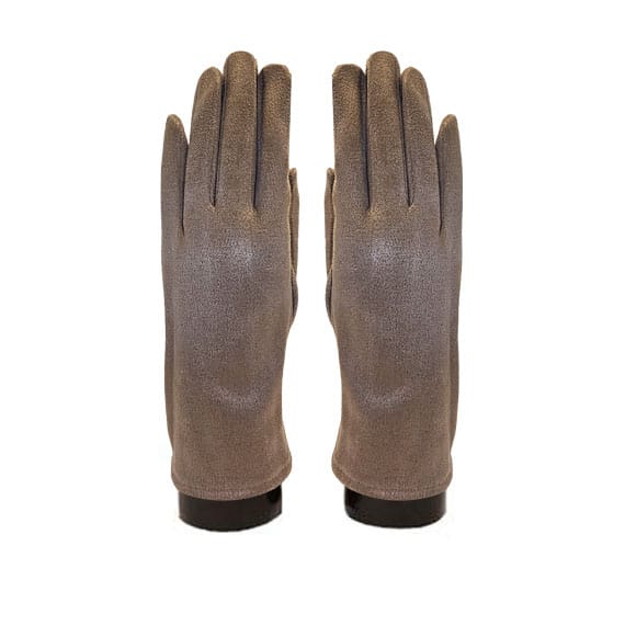 A pair of taupe-brown leather gloves shown from the back, featuring a textured finish and black soles, set against a plain white background.