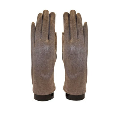 A pair of taupe-brown leather gloves shown from the back, featuring a textured finish and black soles, set against a plain white background.