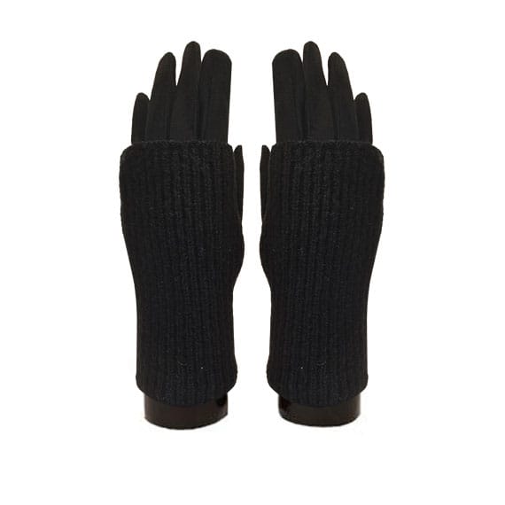 A pair of black knit fingerless gloves with ribbed cuffs, displayed flat against a solid white background.