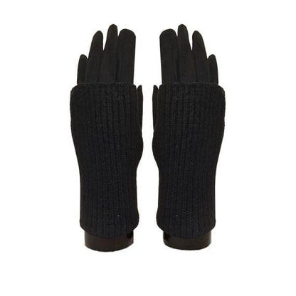 A pair of black knit fingerless gloves with ribbed cuffs, displayed flat against a solid white background.