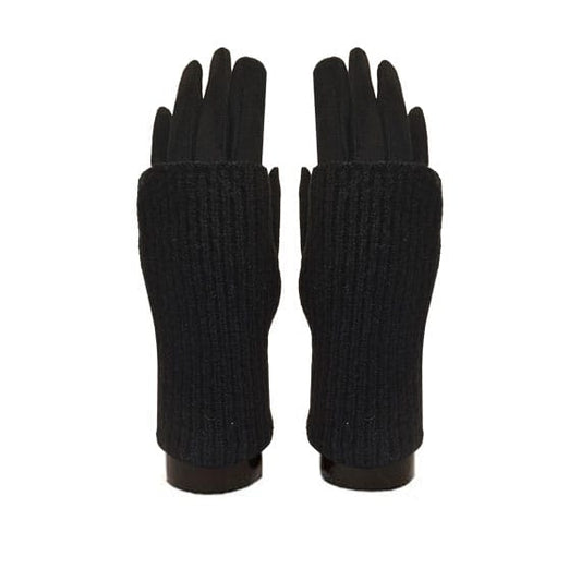 A pair of black knit fingerless gloves with ribbed cuffs, displayed flat against a solid white background.
