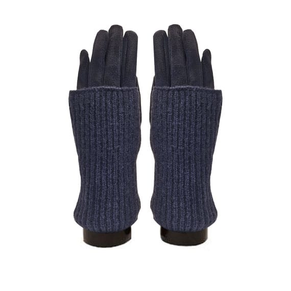A pair of navy blue knit fingerless wrist warmers or glove covers shown on a white background.