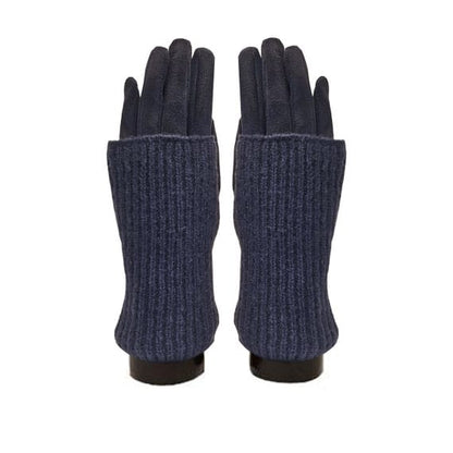 A pair of navy blue knit fingerless wrist warmers or glove covers shown on a white background.