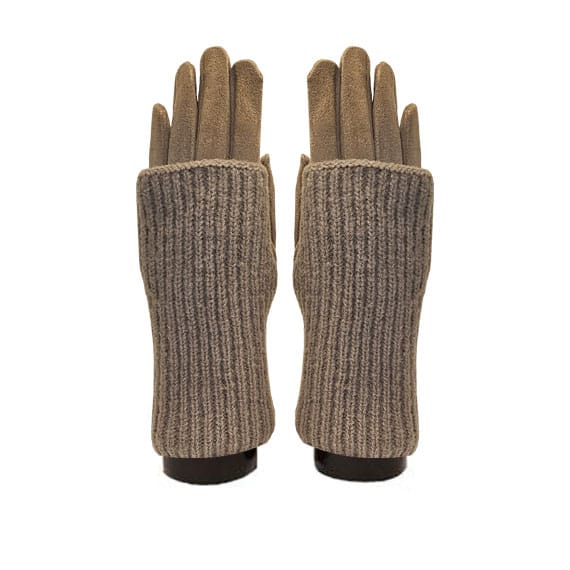 A pair of knit fingerless gloves in a heathered taupe-brown color, shown from the back on a plain white background.