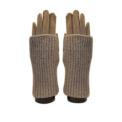 A pair of knit fingerless gloves in a heathered taupe-brown color, shown from the back on a plain white background.