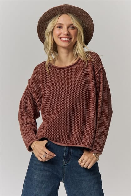 Madelyn Sweaters Rolled Hem Textured Knit Sweater - Multiple Colors 66962142 Rolled Hem Textured Knit Sweater - Multiple Colors