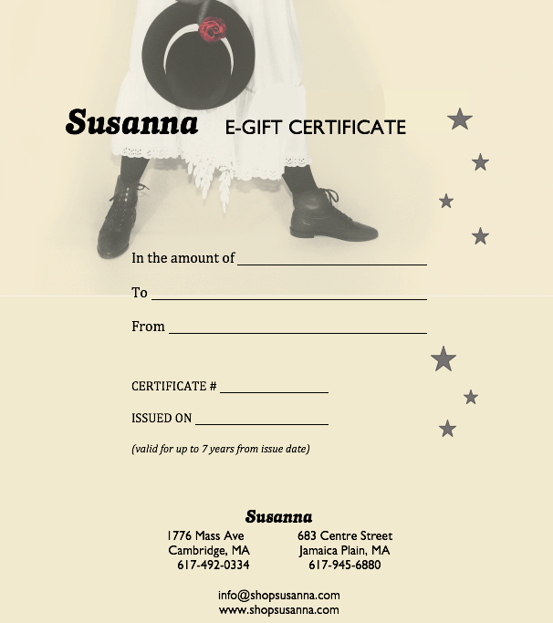 Susanna Gift Certificates Gift Certificate 68763358 Gift Certificate