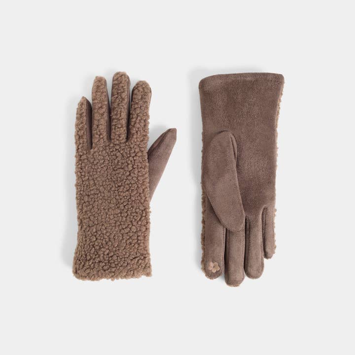 A pair of taupe brown gloves, one showing the textured sherpa fleece back and the other showing the smooth suede-like palm side, set against a light gray background.
