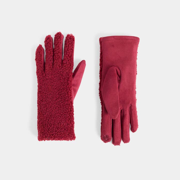 A pair of burgundy fleece and suede gloves, shown from both the back and palm sides, on a light gray background.