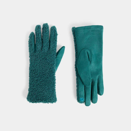 A pair of teal green gloves, one showing the fuzzy sherpa fleece lining and the other showing the smooth suede-like exterior, laid flat on a light gray background.