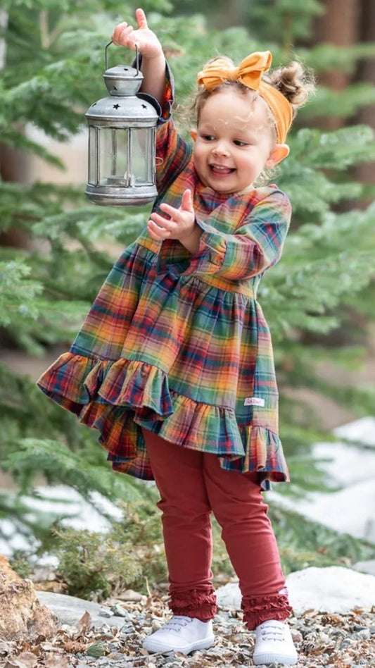 RuffleButts Storybook Rainbow Plaid High Low Ruffle Tunic