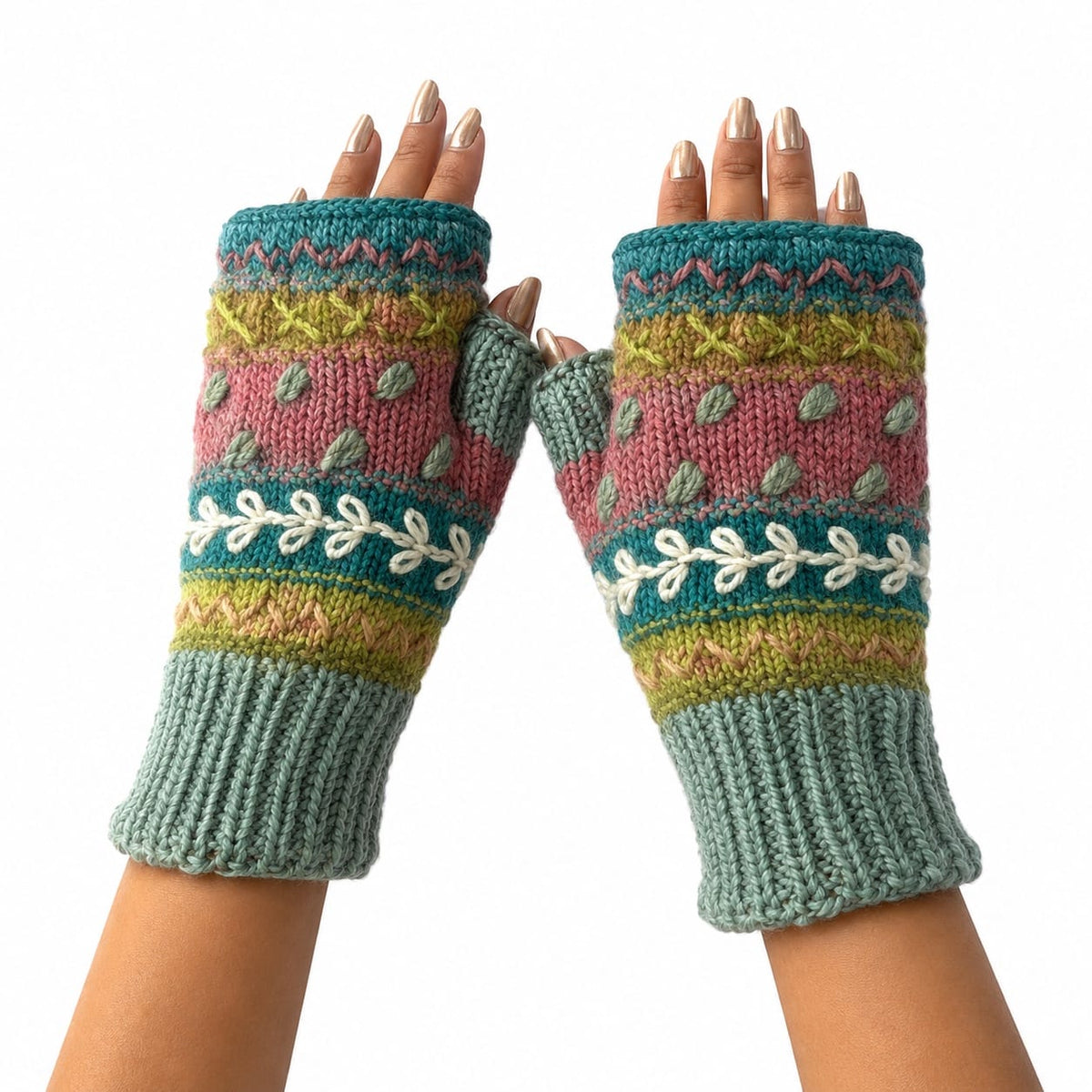 Yak & Yeti Gloves Striped Knit Embroidered Fingerless Gloves - Multiple Patterns 51153374 Striped Knit Embroidered Fingerless Gloves - Multiple Patterns