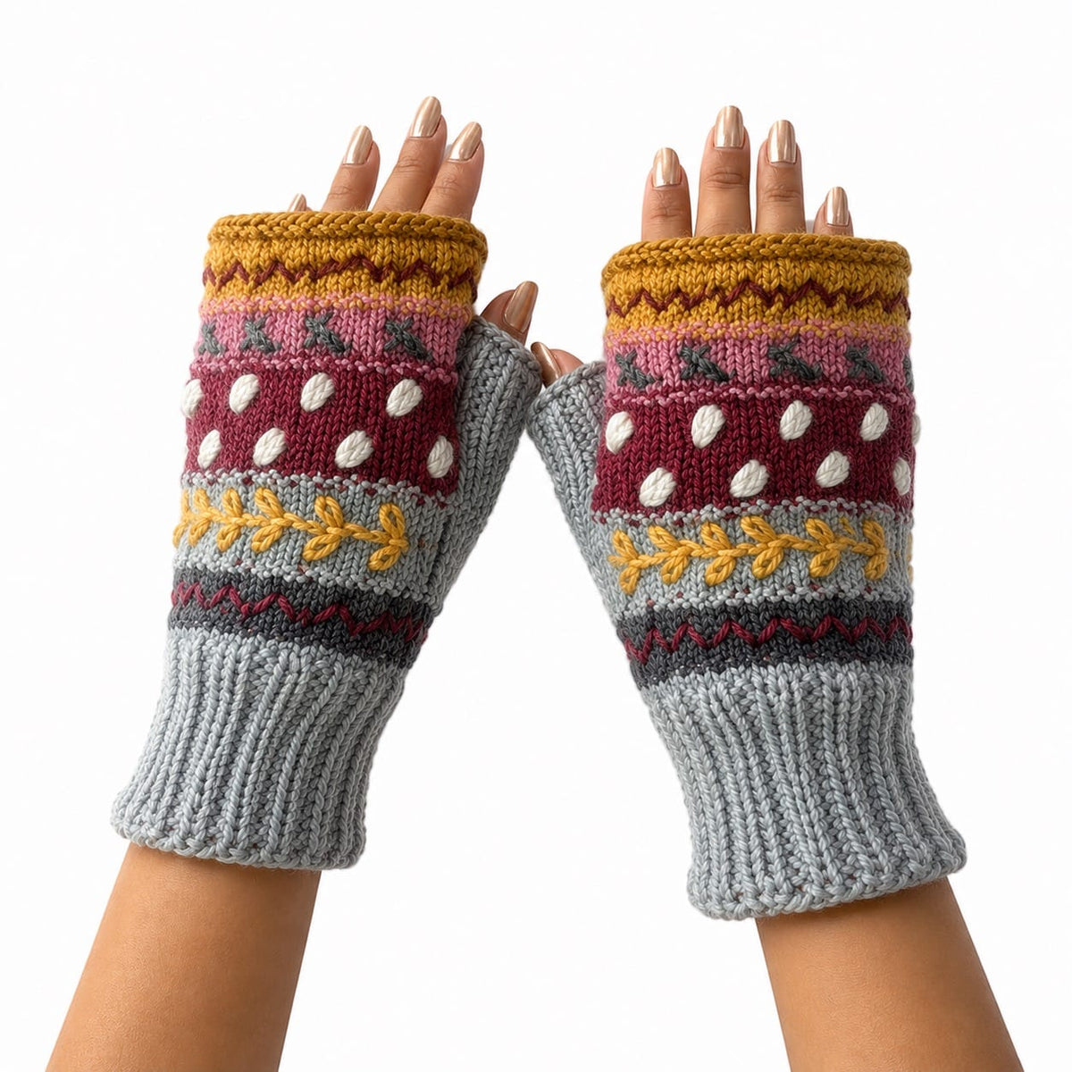 Yak & Yeti Gloves Striped Knit Embroidered Fingerless Gloves - Multiple Patterns 51120606 Striped Knit Embroidered Fingerless Gloves - Multiple Patterns