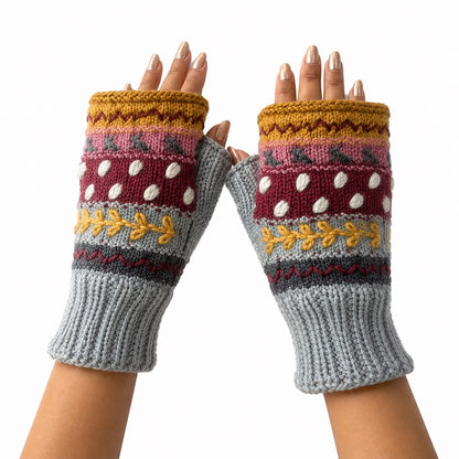 Yak & Yeti Gloves Striped Knit Embroidered Fingerless Gloves - Multiple Patterns 51120606 Striped Knit Embroidered Fingerless Gloves - Multiple Patterns