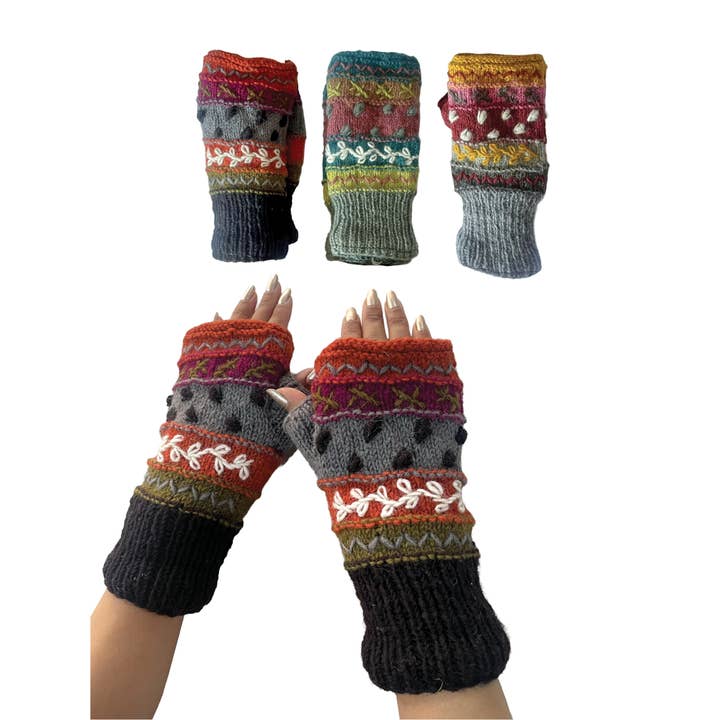 Yak & Yeti Gloves Striped Knit Embroidered Fingerless Gloves - Multiple Patterns Striped Knit Embroidered Fingerless Gloves - Multiple Patterns