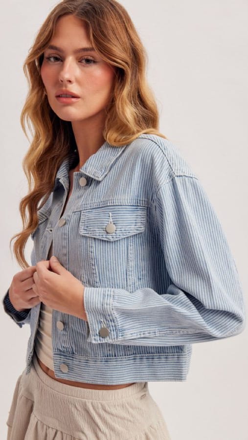 Hem & Thread Jackets Striped Crop Denim Jacket Striped Crop Denim Jacket