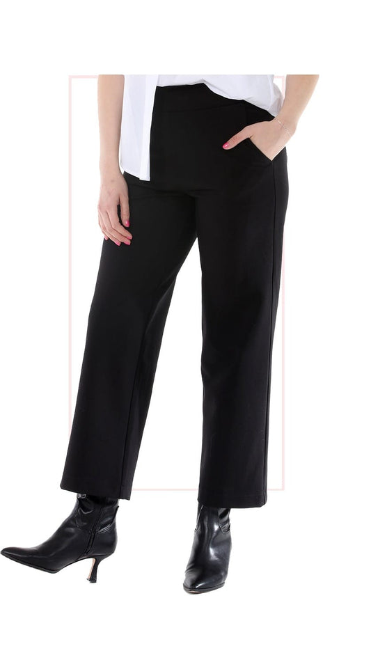 Black wide-leg pants with a side pocket, shown on a model wearing a white top and black ankle boots against a white background.