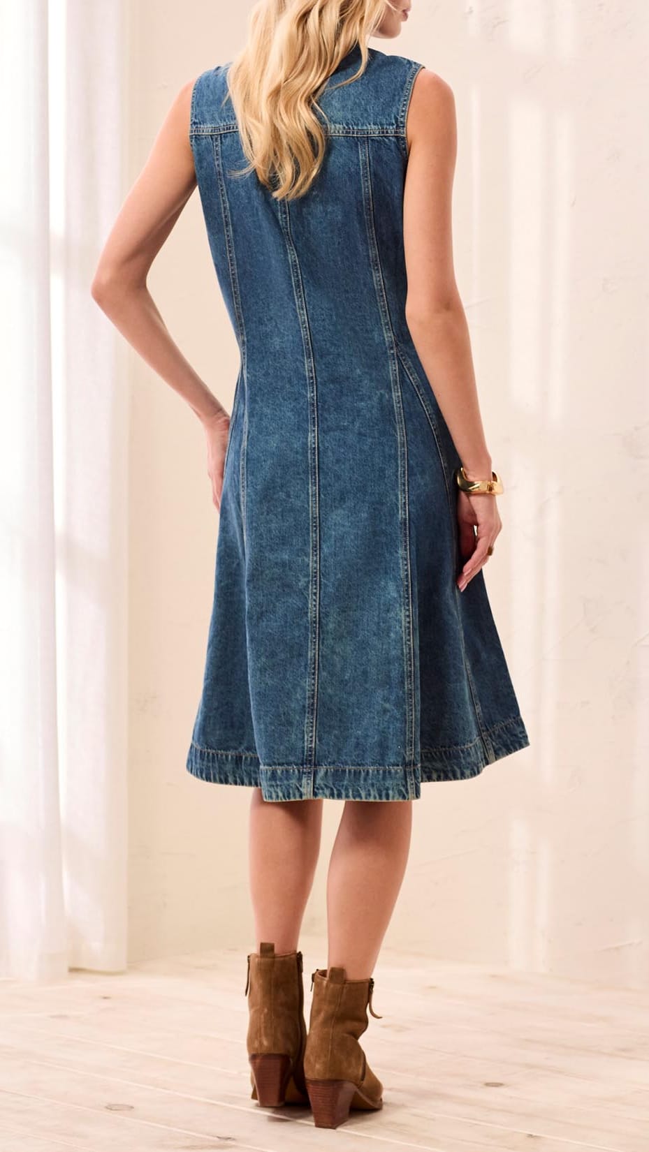 Tribal Fit and Flare Front Collared Denim Dress