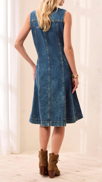 Tribal Fit and Flare Front Collared Denim Dress