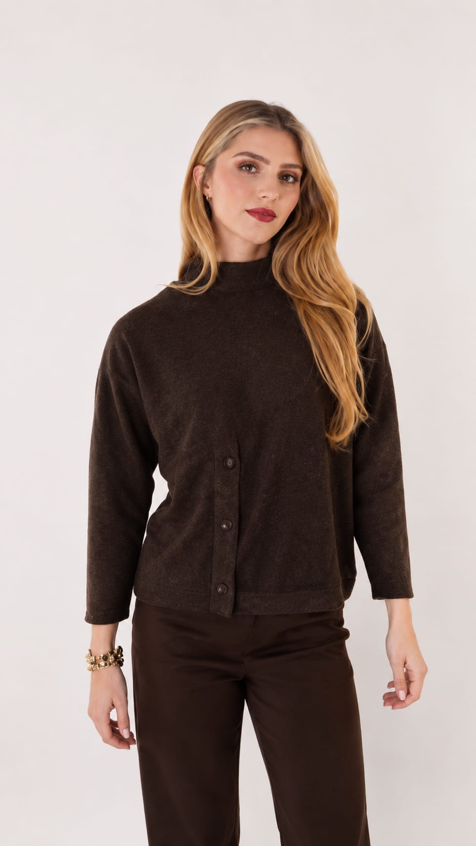 Trisha Tyler Sweaters Trisha Tyler Mixed Rib Button Detail Mockneck Sweater Trisha Tyler Mixed Rib Button Detail Mockneck Sweater