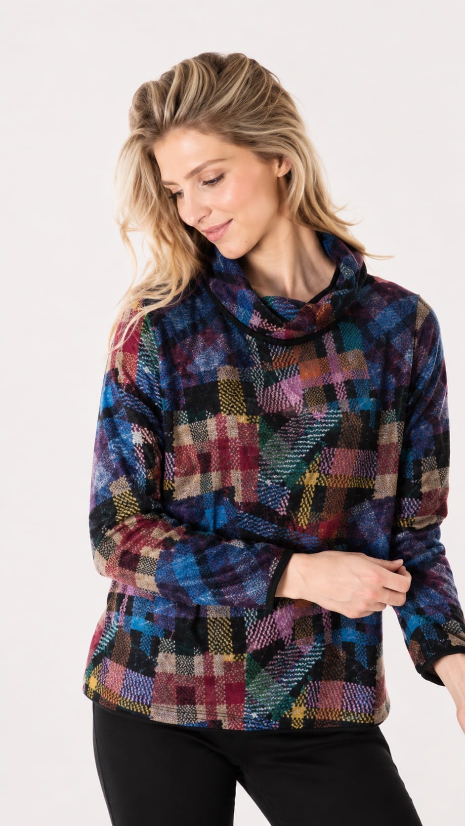 Trisha Tyler Tops Trisha Tyler Plaid Patchwork Cowl Neck Top Trisha Tyler Plaid Patchwork Cowl Neck Top
