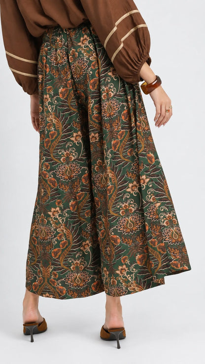 A model from the back wearing a brown and green floral patterned wide-leg pleated skirt, paired with a brown blouse and brown heels, against a light gray studio background.