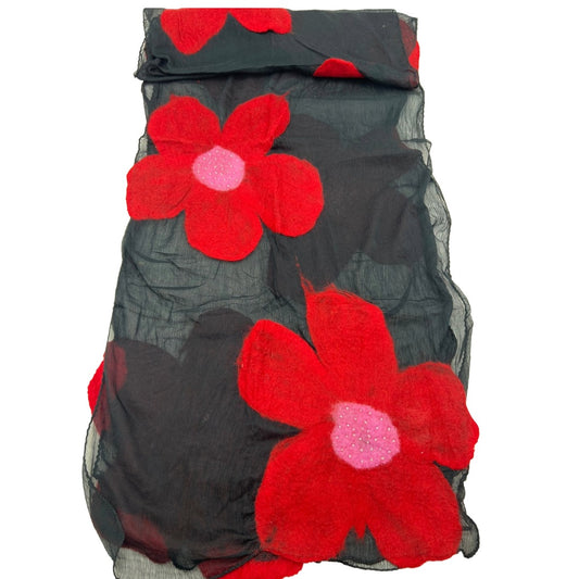 Red Flower Merino Wool Chiffon Scarf