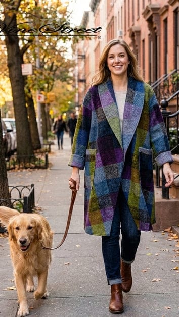 A woman walking a golden retriever on a city sidewalk, wearing a colorful patchwork wool coat with blue, purple, green, and yellow tones. The photo has a warm autumn street background with trees and brick buildings.