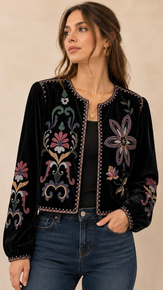 A woman wearing a black velvet cropped jacket with colorful floral embroidery and metallic trim, paired with a black top and blue jeans, standing in a warm beige interior setting.